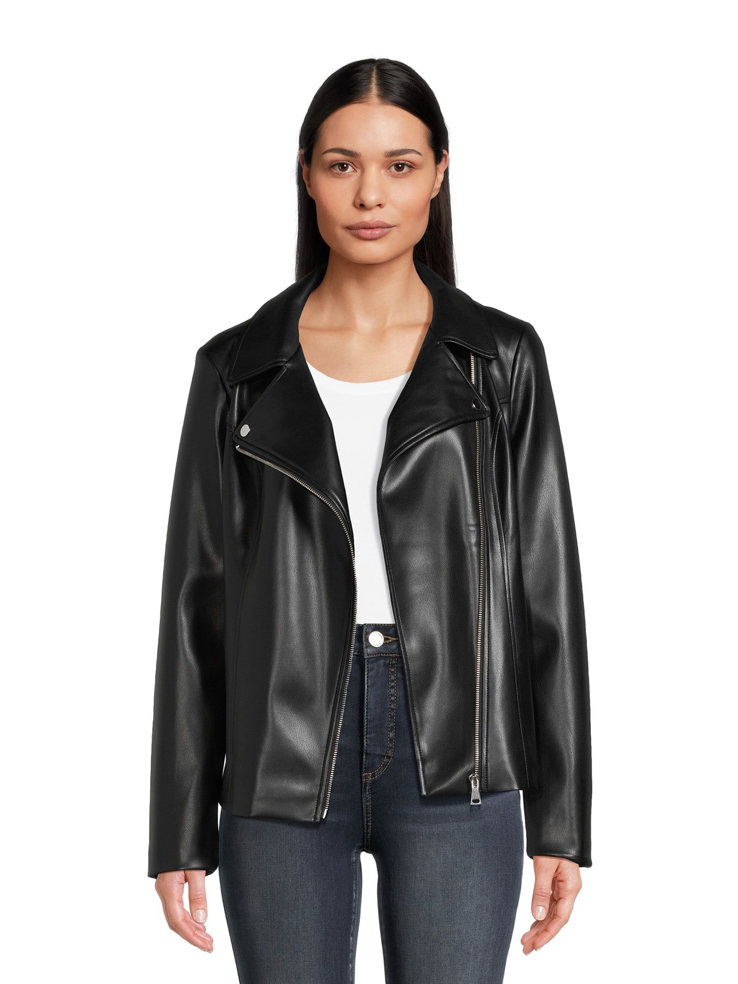 Time and Tru Women's Asymmetrical Faux Leather Jacket, Sizes XS-3X | Walmart (US)