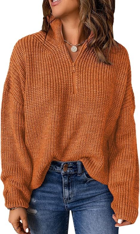 EVALESS Sweaters for Women Waffle Kint Long Sleeve 1/4 Zip Pullover Polo V Neck Sweater for Women | Amazon (US)