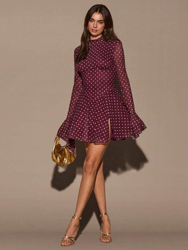 SHEIN BAE Stand Collar Long Flare Sleeve Polka Dot Waist Slit Mini Dress/Winter Outfit For Women , Party,Elegant ,Casual,Burgundy Polka Dot Dress, Polka Dot Dress, Cute Red Dress, Birthday Dress, Afternoon Tea Dress, Casual Dress, Formal Occasion Dress, Vacation/Valentine's Day,Valentine Outfits For Women Polka Dot Dresses For Women | SHEIN