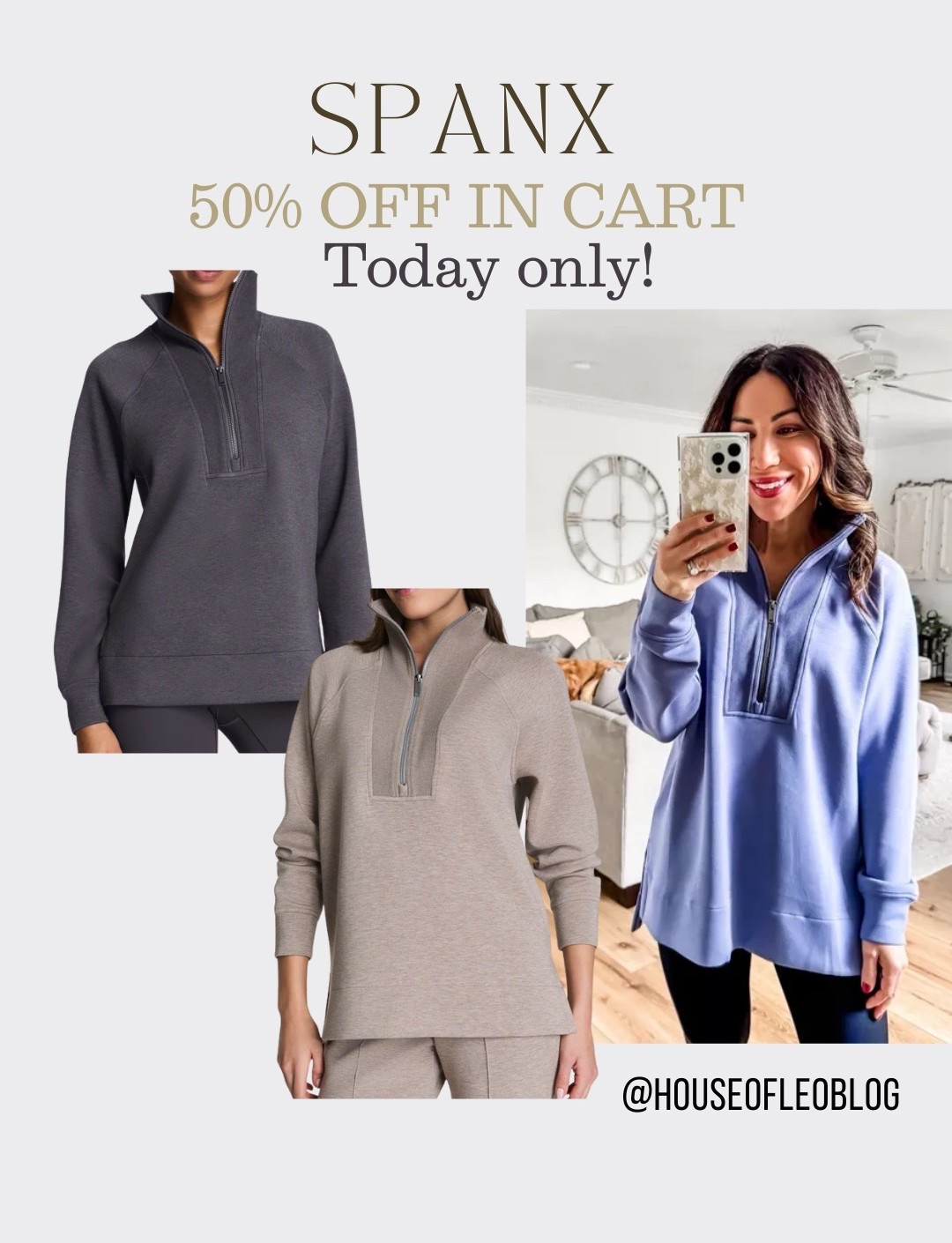 50% off in cart today only. Wearing small tunic pullover. Spanx sale 

#LTKSaleAlert #LTKOver40 #LTKGiftGuide