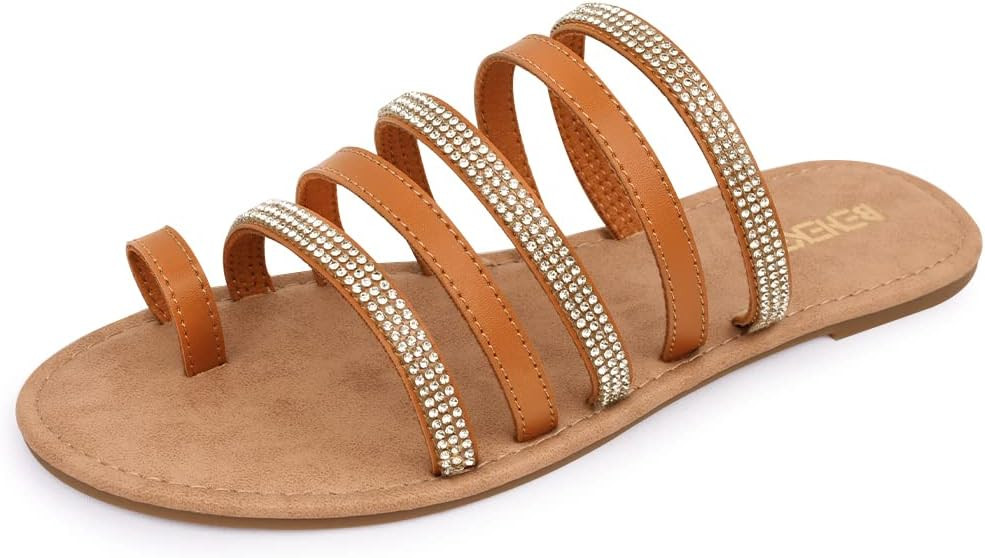 BENEKER Women's Strappy Slide Sandals Rhinestone Open Toe Gladiator Flat Sandals Slip On Toe Ring... | Amazon (US)