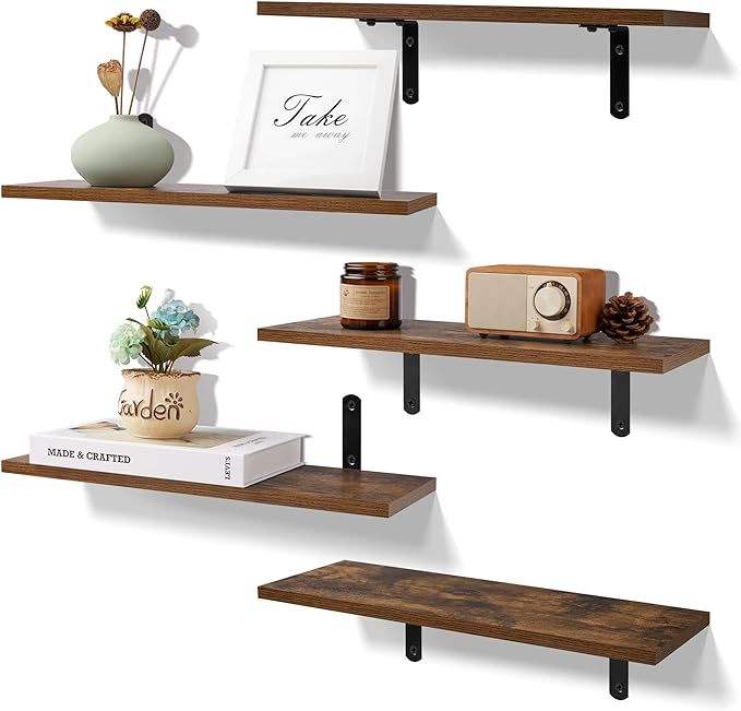 upsimples Floating Shelves for Wall Decor Storage, Dark Brown Wall Mounted Shelves Set of 5, Stur... | Amazon (US)