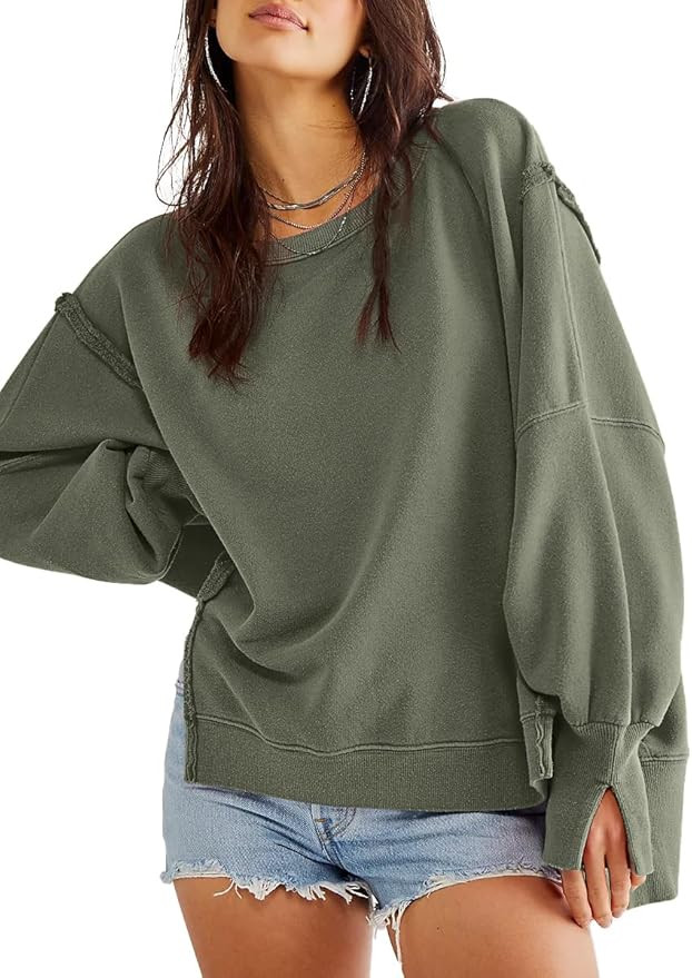 Beaully Women's Oversized Sweatshirts Crew Neck Long Sleeve Side Slit Pullovers Sweatshirt Casual... | Amazon (US)