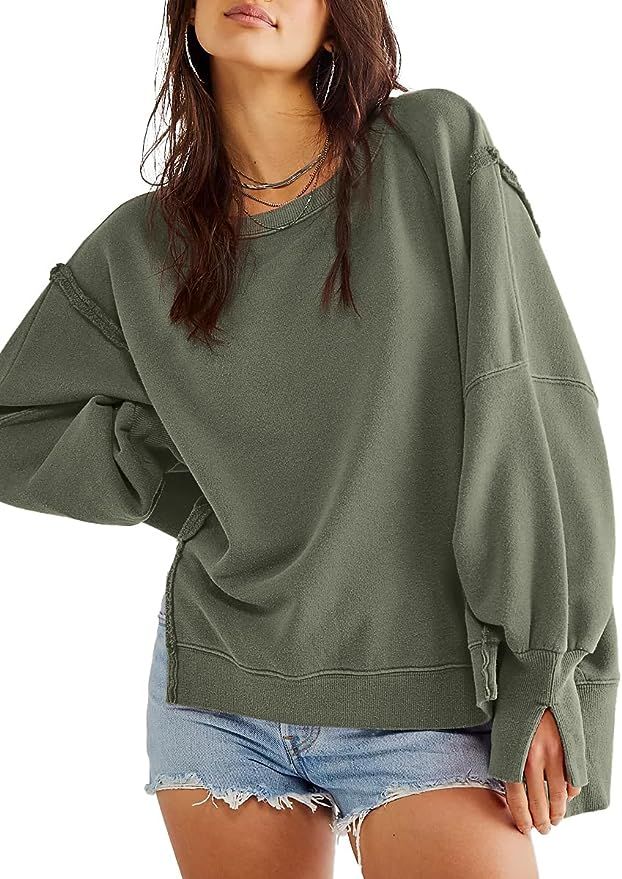 Beaully Women's Oversized Sweatshirts Crew Neck Long Sleeve Side Slit Pullovers Sweatshirt Casual... | Amazon (US)