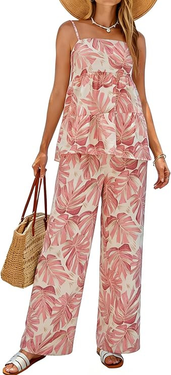Glamaker Womens Summer 2 Piece Sets Floral Spaghetti Tank Top Wide Leg Pants Travel Beach Vacatio... | Amazon (US)