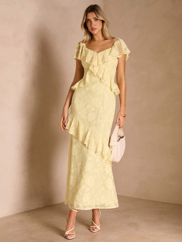 Enchnt Elegantes gelbes Damenkleid mit R\u00fcschensaum, herzf\u00f6rmigem Ausschnitt und kurzen ... | SHEIN