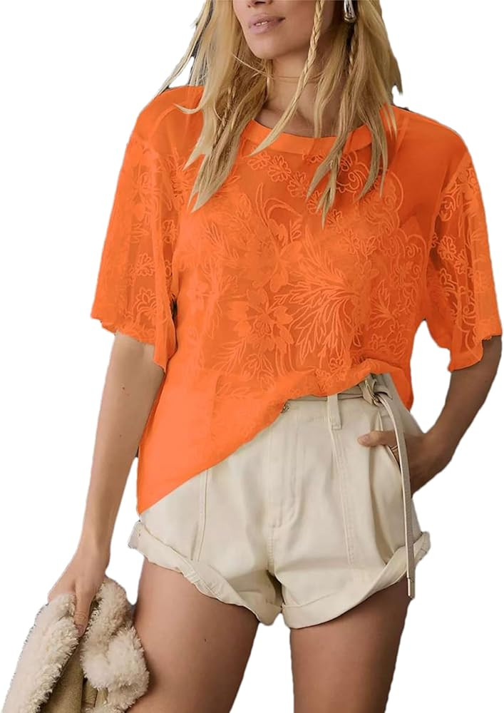 Aimiray Women's Sexy Lace Tops Short Sleeve Round Neck Mesh 3D Printed Floral Sheer Blouse See Th... | Amazon (US)