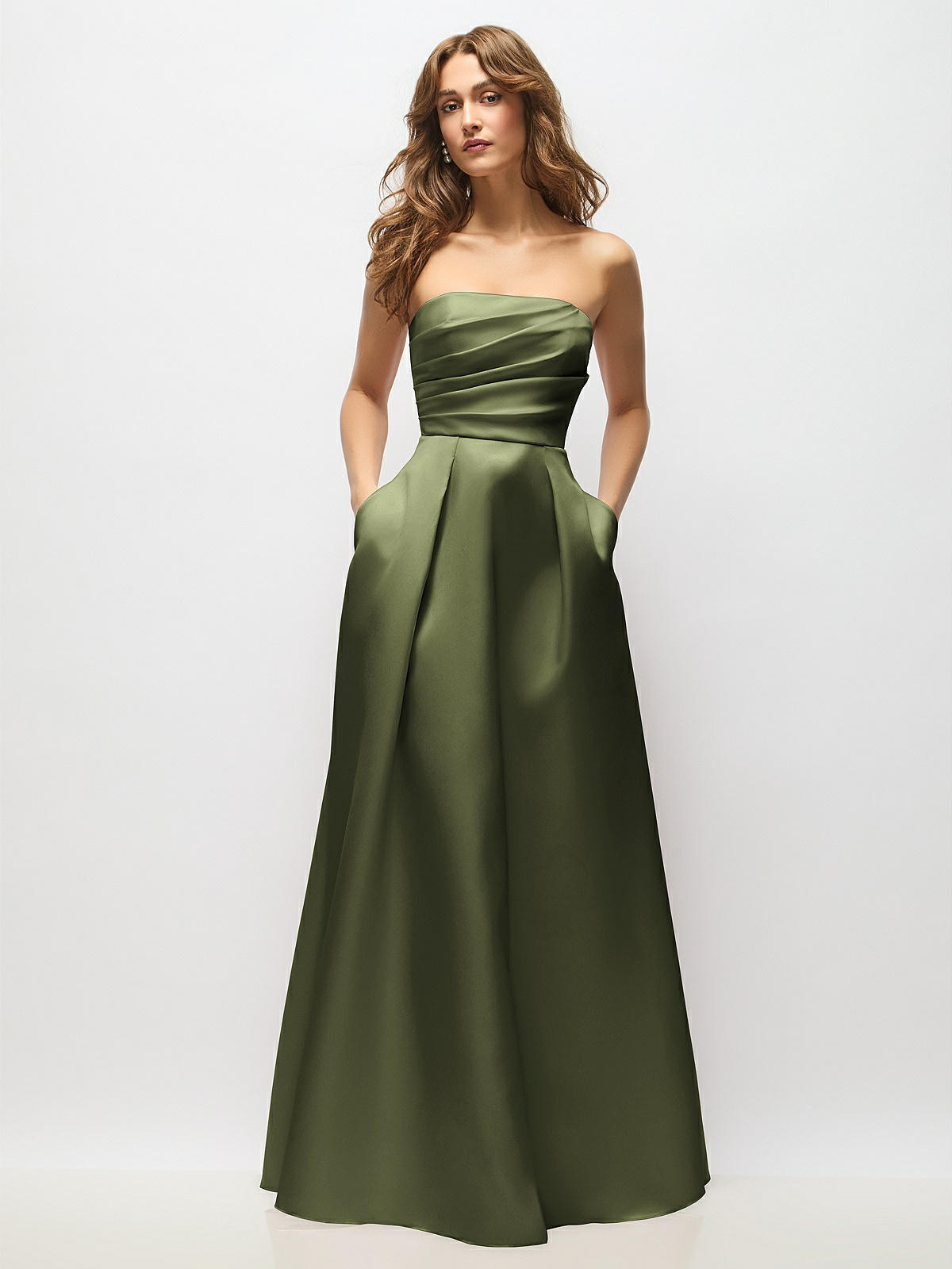 Strapless Hand-Pleated Bodice Satin Maxi Dress with Full Pleated Skirt | Dessy Group