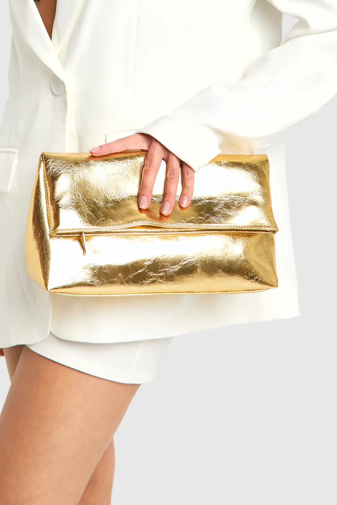Gold Large Metallic Fold Over Clutch Bag | Boohoo USA | boohoo (US & Canada)