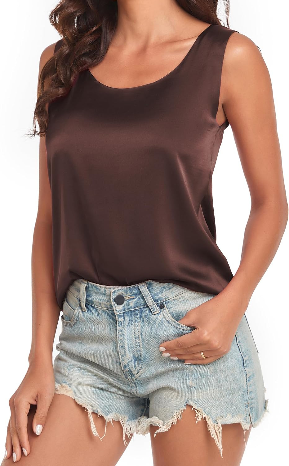 Wantschun Womens Silk Satin Tank Tops Summer Fall Tank Shirt Round Neck Sleeveless Blouse Camisole | Amazon (US)