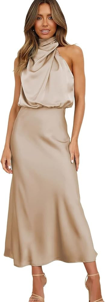 ebossy Women's Elegant Pile Collar Sleeveless Satin Celebrity Evening Party Maxi Dress | Amazon (US)