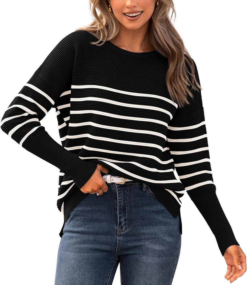 BTFBM Casual Women 2024 Fall Sweater Long Sleeve Ribbed Knit Pullover Loose Crewneck Batwing Spli... | Amazon (US)