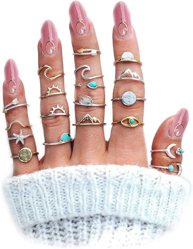 FUTIMELY Boho Retro Stackable Rings Sets for Teen Girls Women,Peak Sea Wave Compass Turquoise Rhi... | Amazon (US)