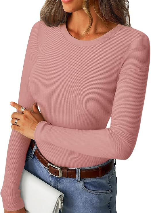 Womens Long Sleeve Shirts Ribbed Slim Fit Tops Tight Casual Crewneck Basic Tee 2026 Spring Fall C... | Amazon (US)