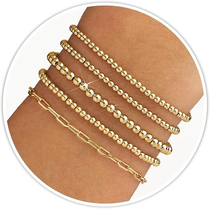 Gold Beaded Bracelet for Women 14K Gold Plated Bracelets Gold Stretch Bead Ball Bracelets Hypoall... | Amazon (US)