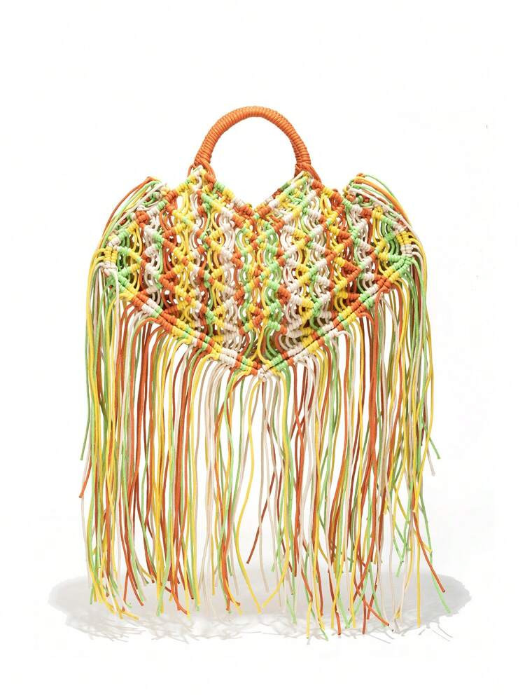 Color Block Top Handle Bag Polyester Fringe Decor Fashionable
       
              
            ... | SHEIN