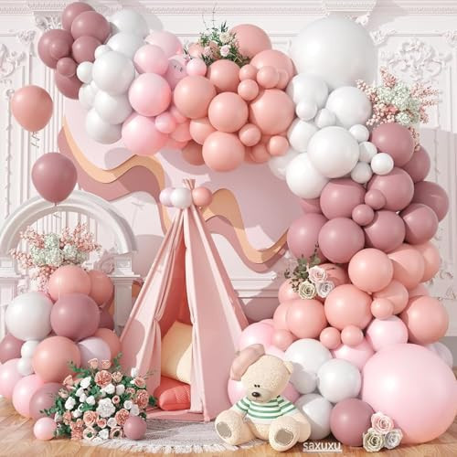 Dusty Pink Balloon Arch Kit, 122Pcs White Dusty Pink Rose Pink Light Balloons for Girls Boho Birthday Bridal Wedding Engagement Pearl Baby Shower Anniversary Party Decorations | Amazon (US)