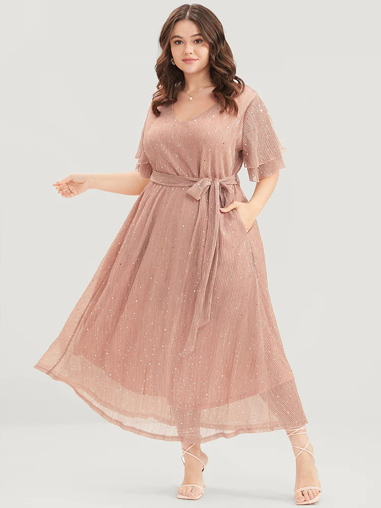 Plain V Neck Mesh Pocket Ruffle Tiered Belted Midi Dress | Bloomchic