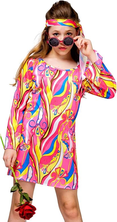 Kid's Girl 70's 80's Flower Hippie Disco Groovy Dress Costume | Amazon (US)