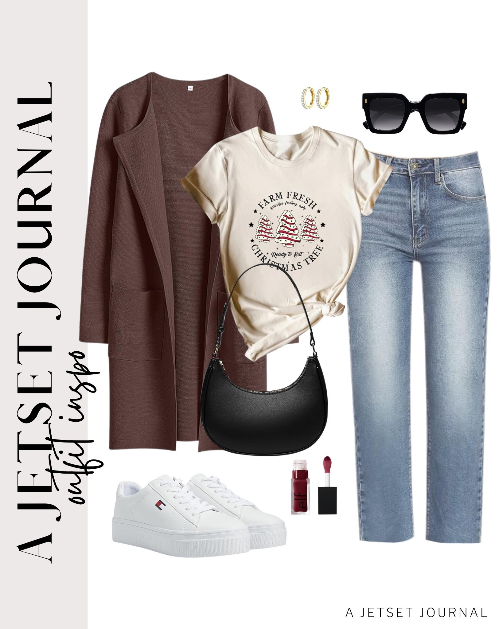 Cardigan and jeans paired with a holiday tee and sneakers for a simple look.
christmas trees shirt, casual outfit idea, holiday fashion, wide leg jeans, casual look, vacation style, winter style, makeup must have, beauty favorite, transitional outfit, functional bag, amazon fashion, affordable style

#LTKFindsUnder50 #LTKU #LTKSeasonal