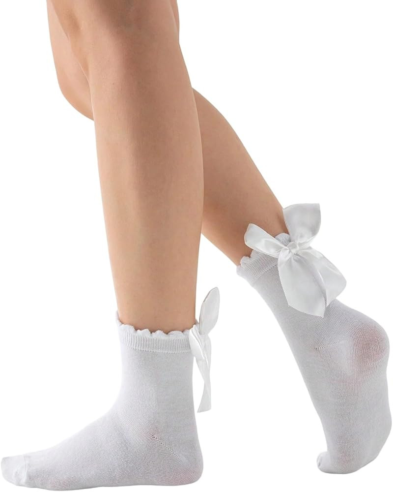 SHENHE Women's Bow Ruffle Socks Cute Frilly Lace Ankle Holiday Socks with Ribbons | Amazon (US)