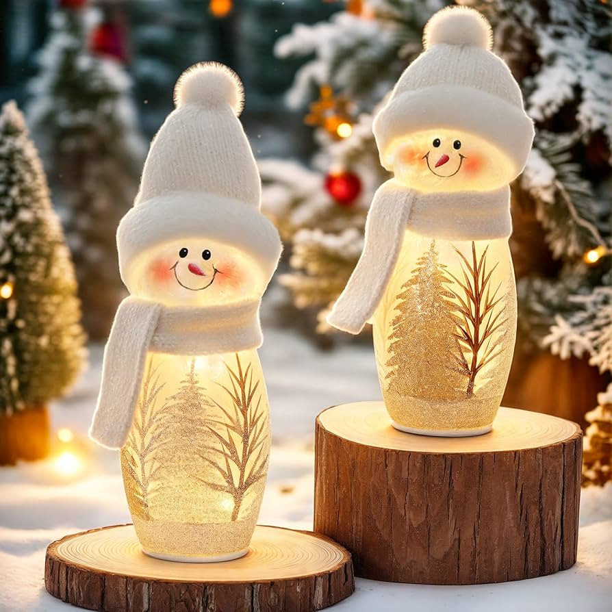 Lewondr 2 Pack Christmas Snowmen Decor, 9.45" Light up Snowman Figurines, Glass Snowman Table Dec... | Amazon (US)