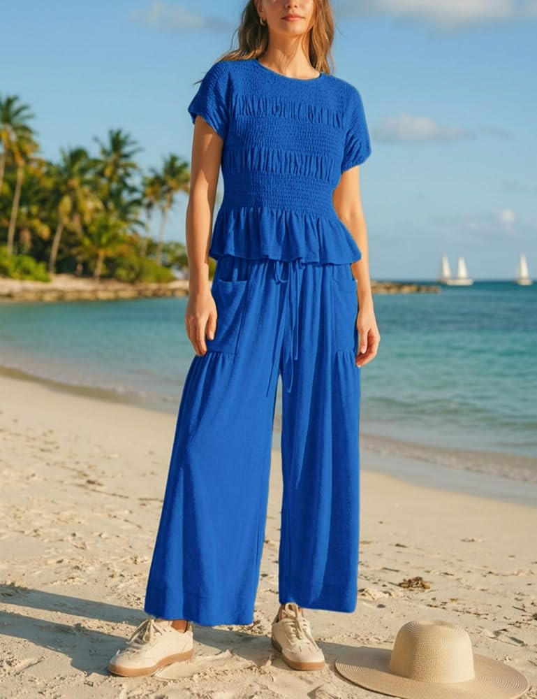 Antnation Womens 2 Piece Smocked Top Wide-Leg Pants Set High-Waisted Lounge Outfit with Pockets C... | Amazon (US)