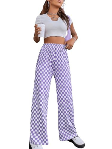 OYOANGLE Women's Checkered Printed High Elastic Waisted Wide Leg Pants Loose Fitted Streetwear Long Pants Purple White X-Small | Amazon (US)