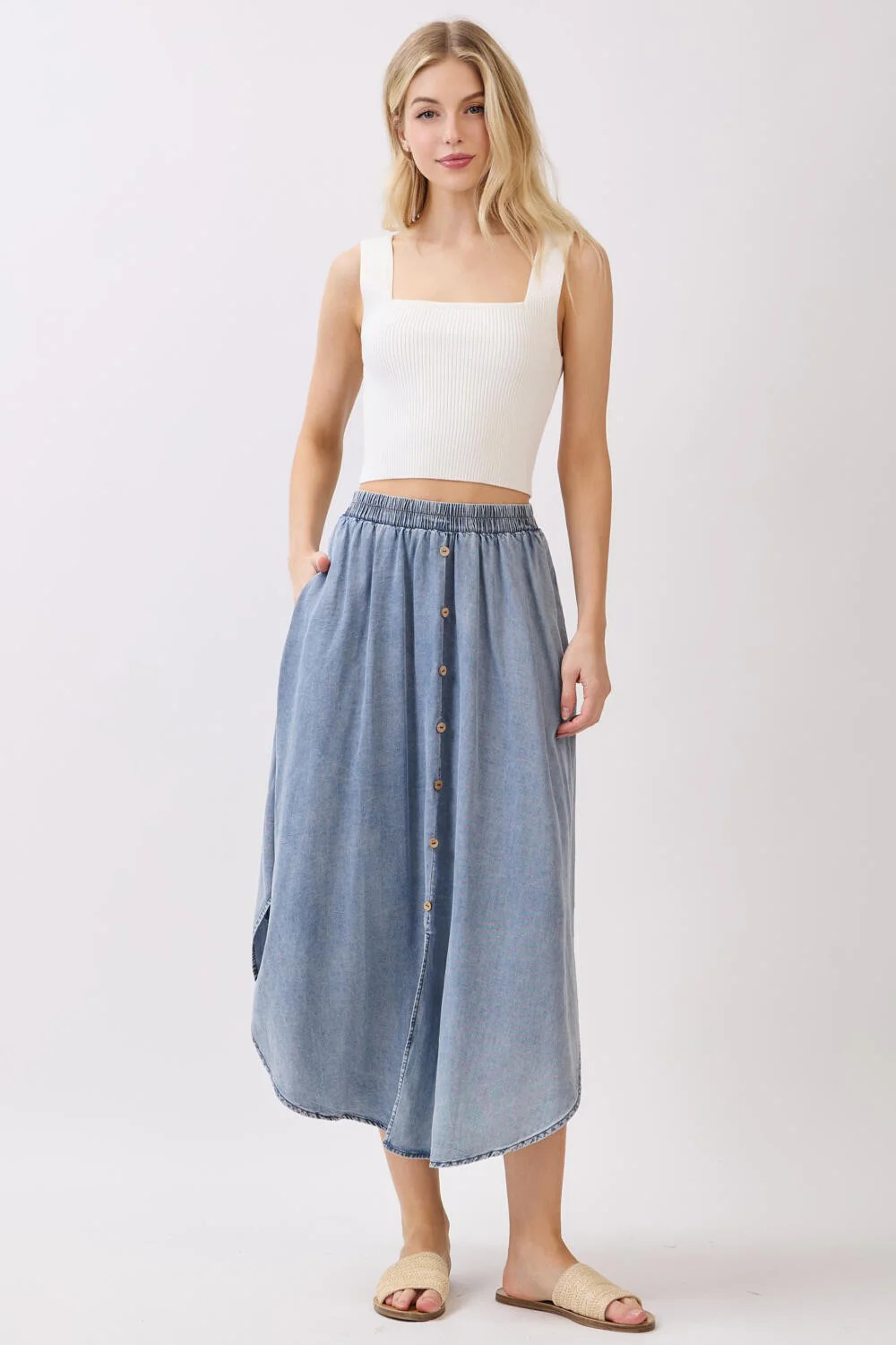 Blue Chambray Tulip Hem Midi Skirt | PinkBlush Maternity