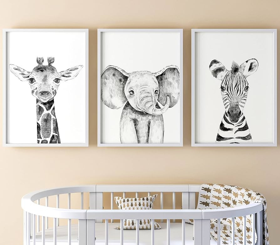 Safari Animals Baby Girl or Boy Set of 3 Nursery Unframed Prints, Bedroom Decor Wall Art Posters, Elephant Giraffe Zebra, Black and White Style Prints (11x14) | Amazon (US)