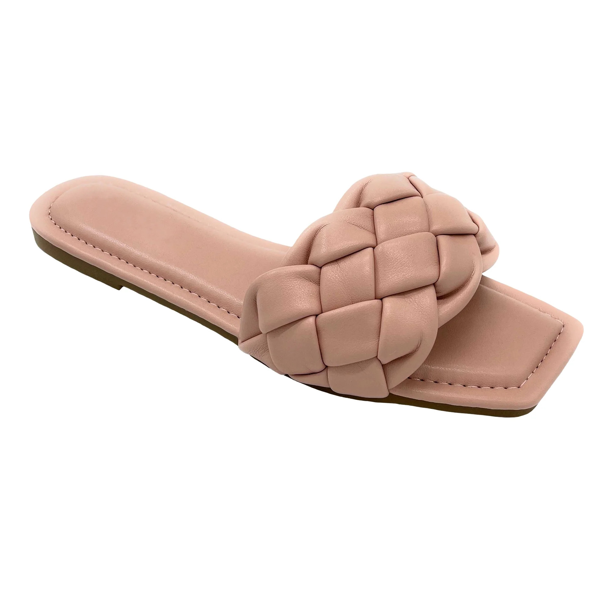 New Women's Braided Quilted Single Band Strap Flat Square Toe Open Slide Sandal | Walmart (US)