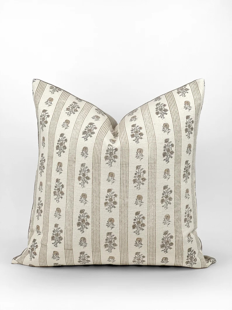 BLOSSOM Designer Floral Linen Pillow Cover, Block Print Pillow, Neutral Floral Pillow, Spring Flo... | Etsy (US)