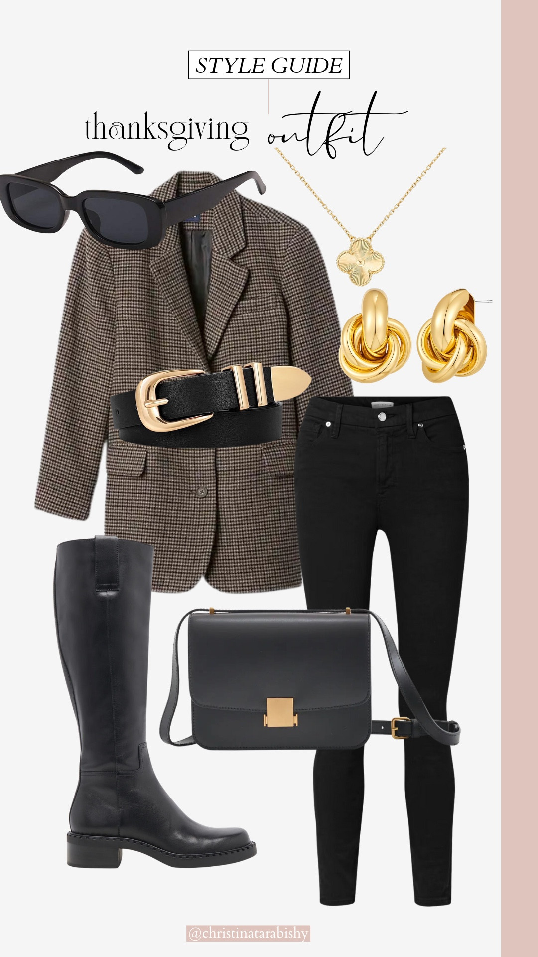 Thanksgiving outfit idea. Plaid blazer, black skinny jeans, tall black boots, a chunky belt and gold accessories  

#LTKSeasonal #LTKHoliday #LTKFindsUnder50