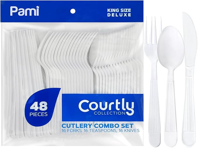 PAMI Heavy Duty White Plastic Cutlery Set, 48 Pieces (16 Forks, Knives, Teaspoons), Single Use Wh... | Amazon (US)