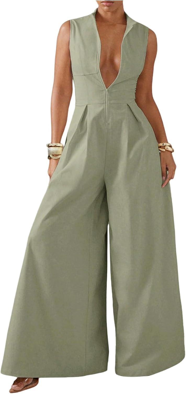 SOLY HUX Women's Summer Zipper Front Mock Neck Wide Leg Elegant Jumpsuit | Amazon (US)