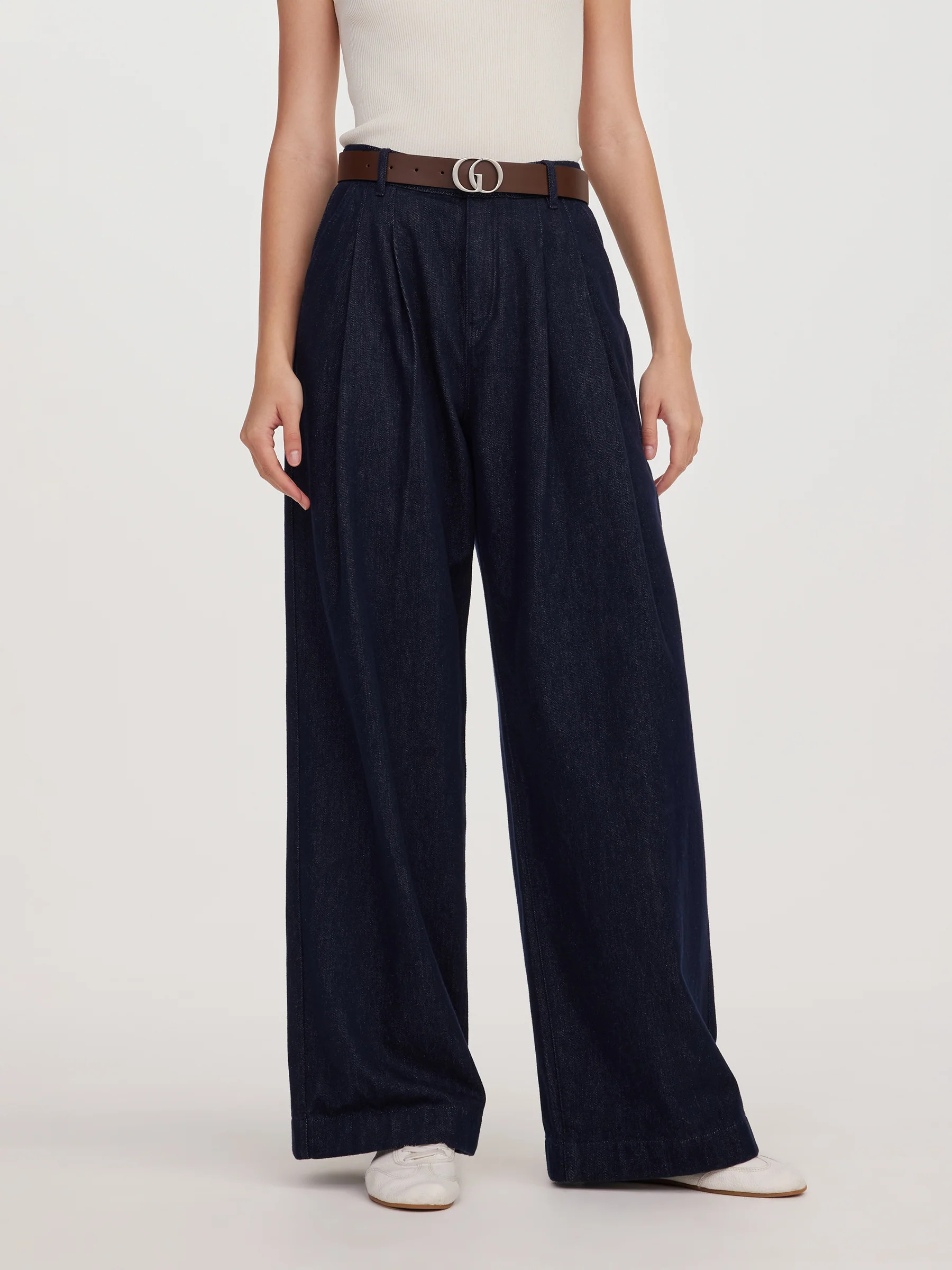 100% Cotton Denim Wide Leg Women Jeans With GO Letter Belt | GOELIA