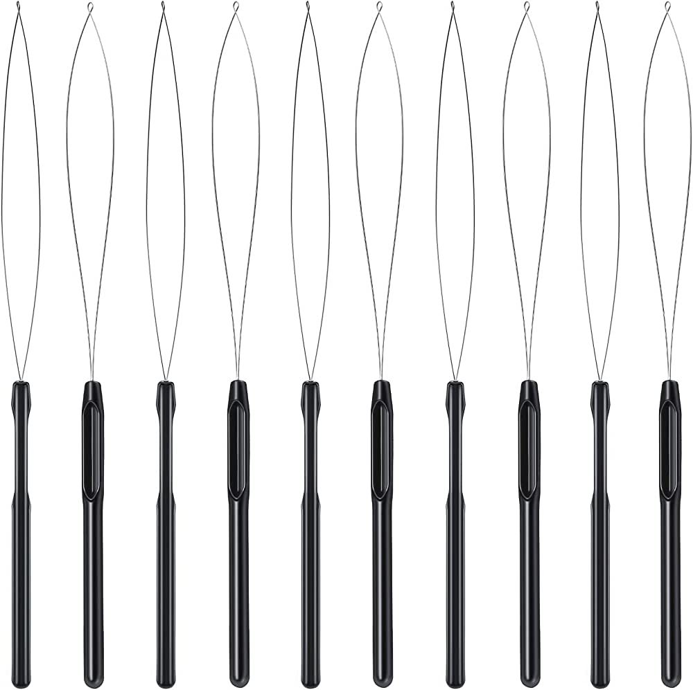 10 Pieces Hair Extension Loop Needle Threader Pulling Hook Tool and Bead Device Tool Black Loop T... | Amazon (US)