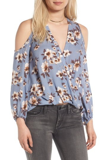 Women's Lush Surplice Cold Shoulder Blouse, Size X-Small - Blue | Nordstrom