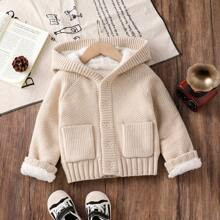 This Kids Young Boy Casual Knitted Cardigan With Long Sleeves Hooded FleeceLined Loose Knitted Cardigan Is A Versatile Item Suitable For Various Occas | SHEIN
