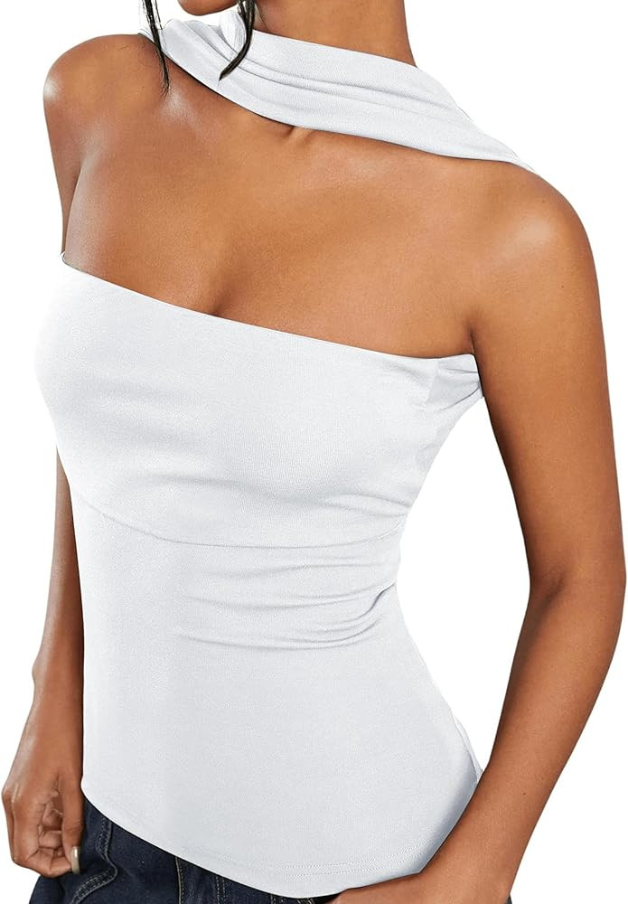 Women Ruched Strapless Halter Tube Tops Sexy Slim Fit Open Back Bandeau Shirts Off Shoulder Sleev... | Amazon (US)