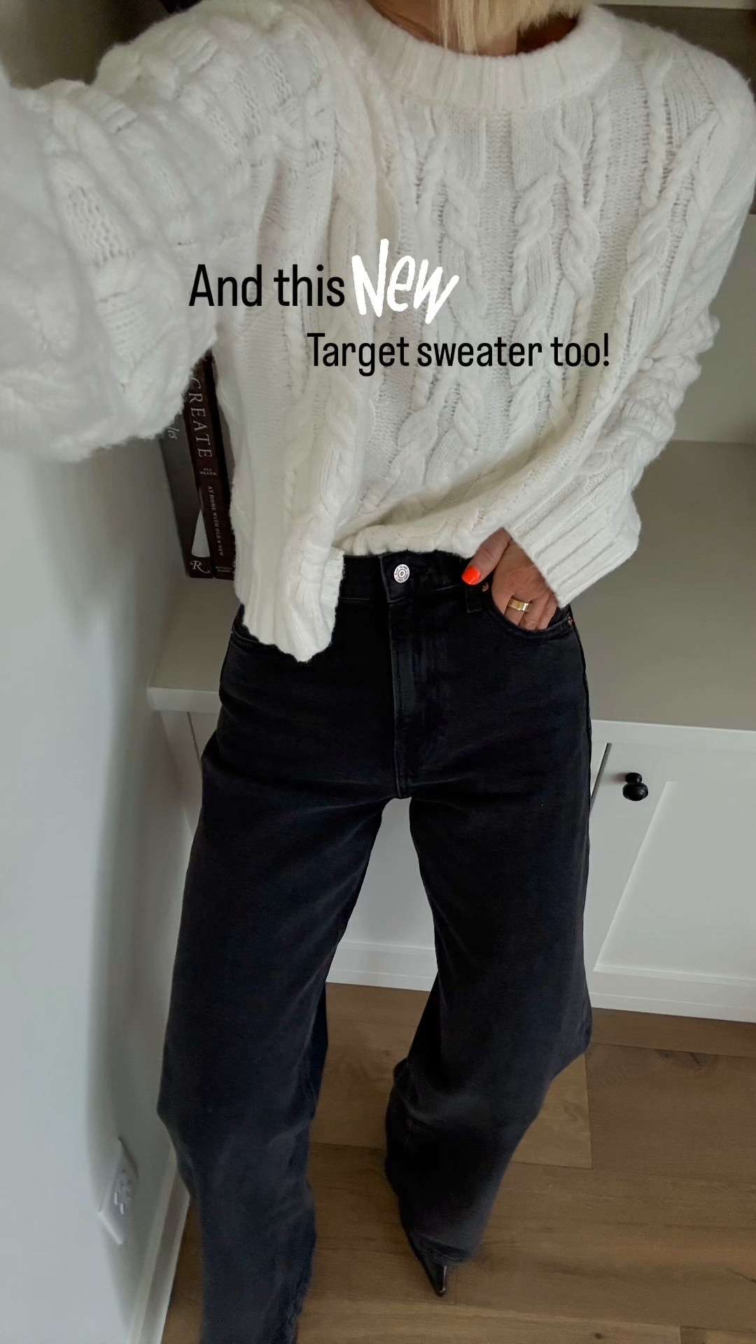Wide leg back jeans that look like Levi’s, BUT a softer, stretchier denim + cream sweater. (Sorry, this exact target sweater sold out online, but might still be in store)
Linked similar styles.

#LTKSaleAlert #LTKOver40