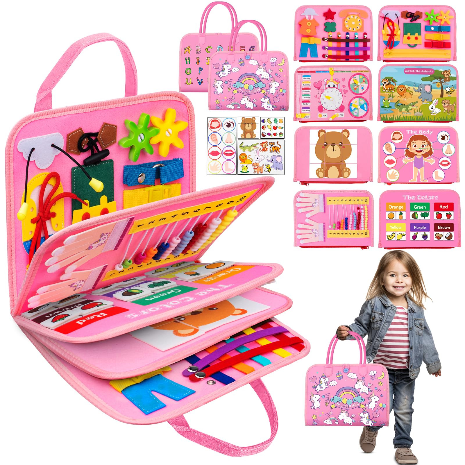 Busy Board Montessori Toys for 1 2 3 4 Year Old, 9 in 1 Busy Book for Toddlers 1-3, Sensory Board Activities Learning Travel Toys for Plane Car, Birthday Gifts for Kids Boys Girls (Unicorn) | Amazon (US)