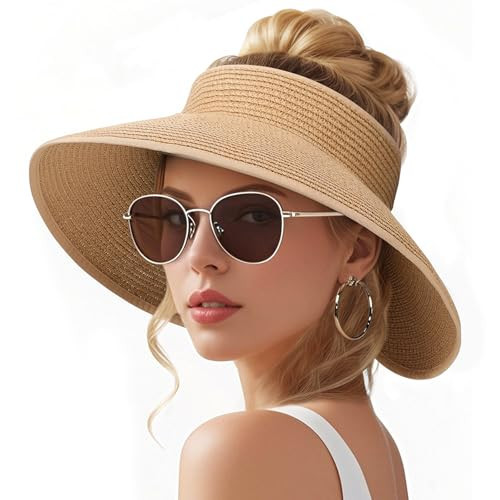 Sun Visors Hats for Women, Fashionable Straw Beach Hat with Wide Brim, Sun Hat UPF 50+ UV Protection, Roll-Up Ponytail Straw Summer Hat Foldable Travel | Amazon (US)