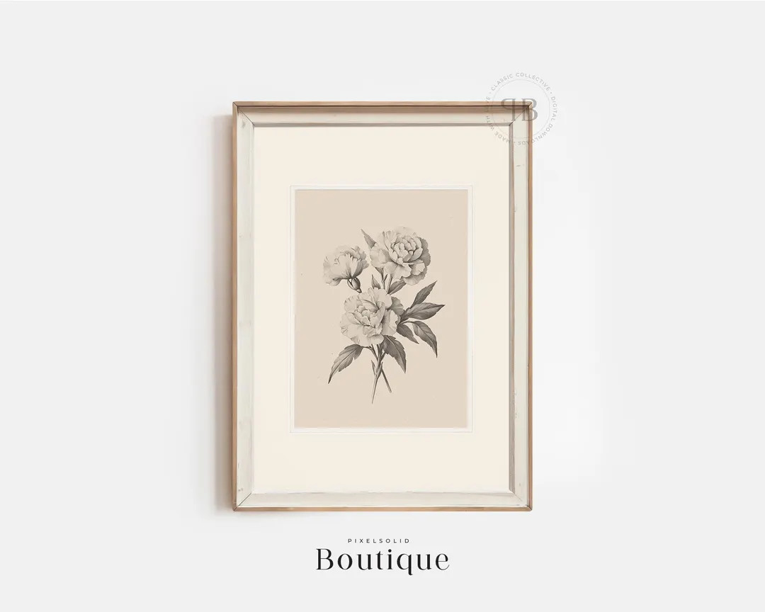 Black and White Peony Illustration Digital Download, Minimalist Floral Wall Art, Printable Botani... | Etsy (US)