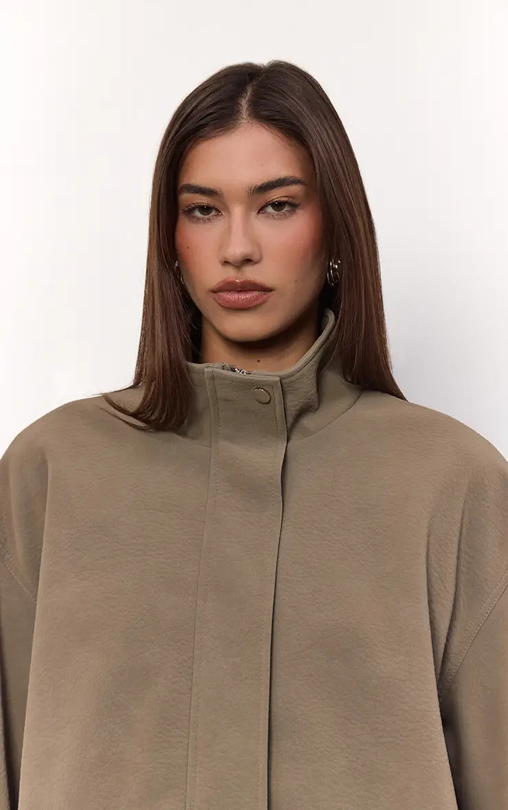 Taupe Peached PU Funnel Jacket | PrettyLittleThing UK