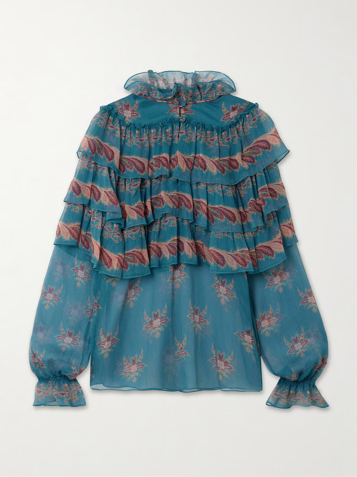 Etro - Ruffled Tiered Printed Silk-chiffon Blouse - Blue | NET-A-PORTER (US)