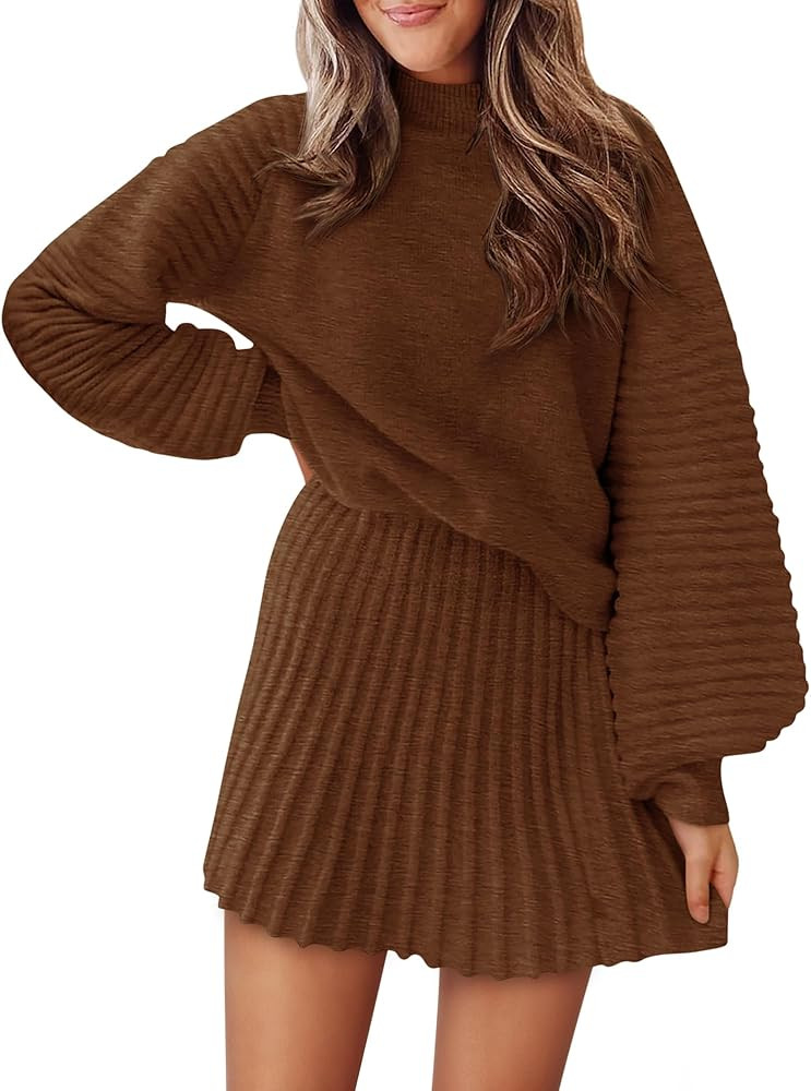 Womens 2 Piece Skirt Sets Fall Fashion 2025 Mock Neck Ribbed Knit Sweaters And Mini Skirt Two Pie... | Amazon (US)