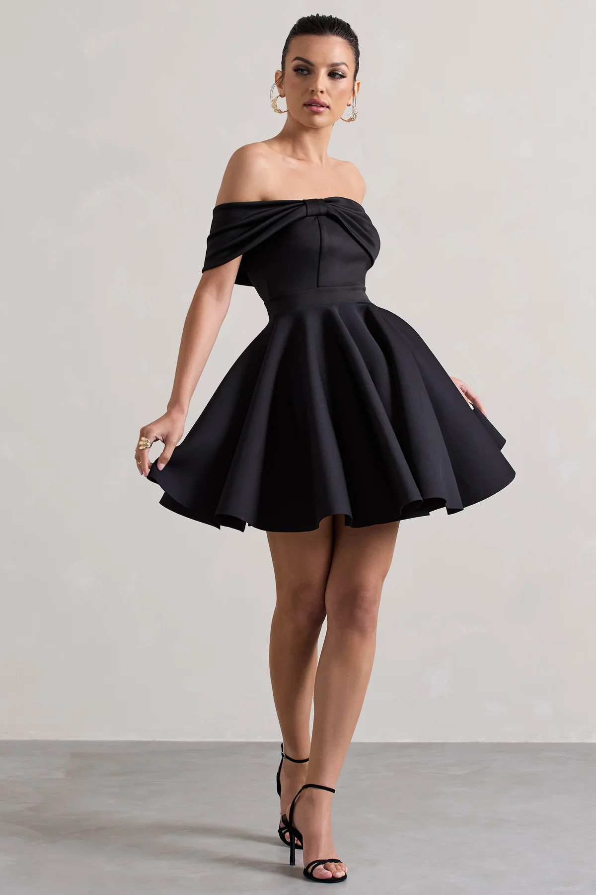Snowfall | Black Bardot Bow Skater Mini Dress | Club L London