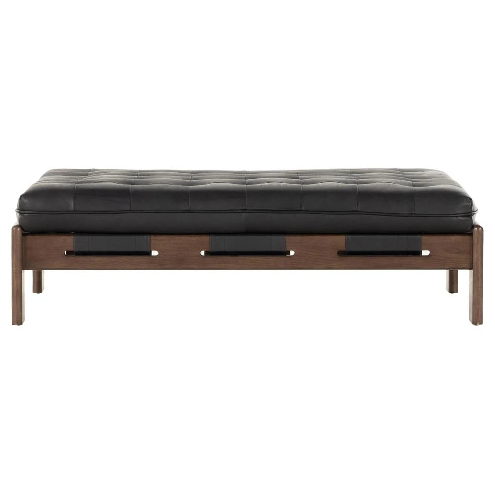 Hadley Black Upholstered Leather Brown Wood Rectangular Tufted Cocktail Ottoman | Kathy Kuo Home