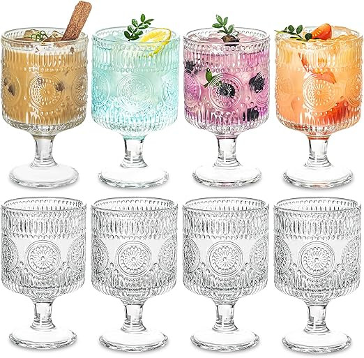 Set of 8 Romantic Vintage Goblet glassware, Charming Embossed Floral Cocktail Glasses Set, Mixed ... | Amazon (US)